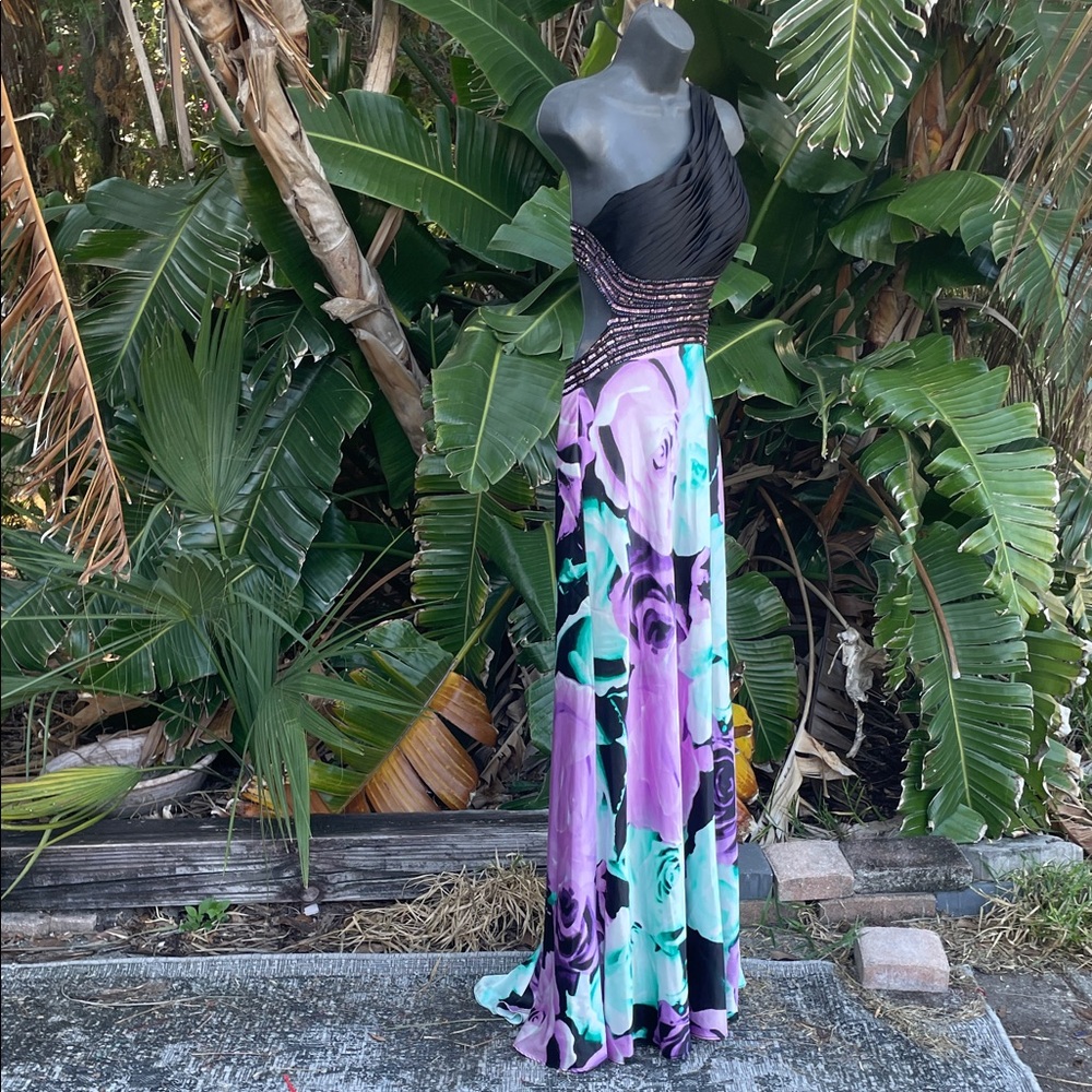 dark floral satin beaded backless maxi dress
